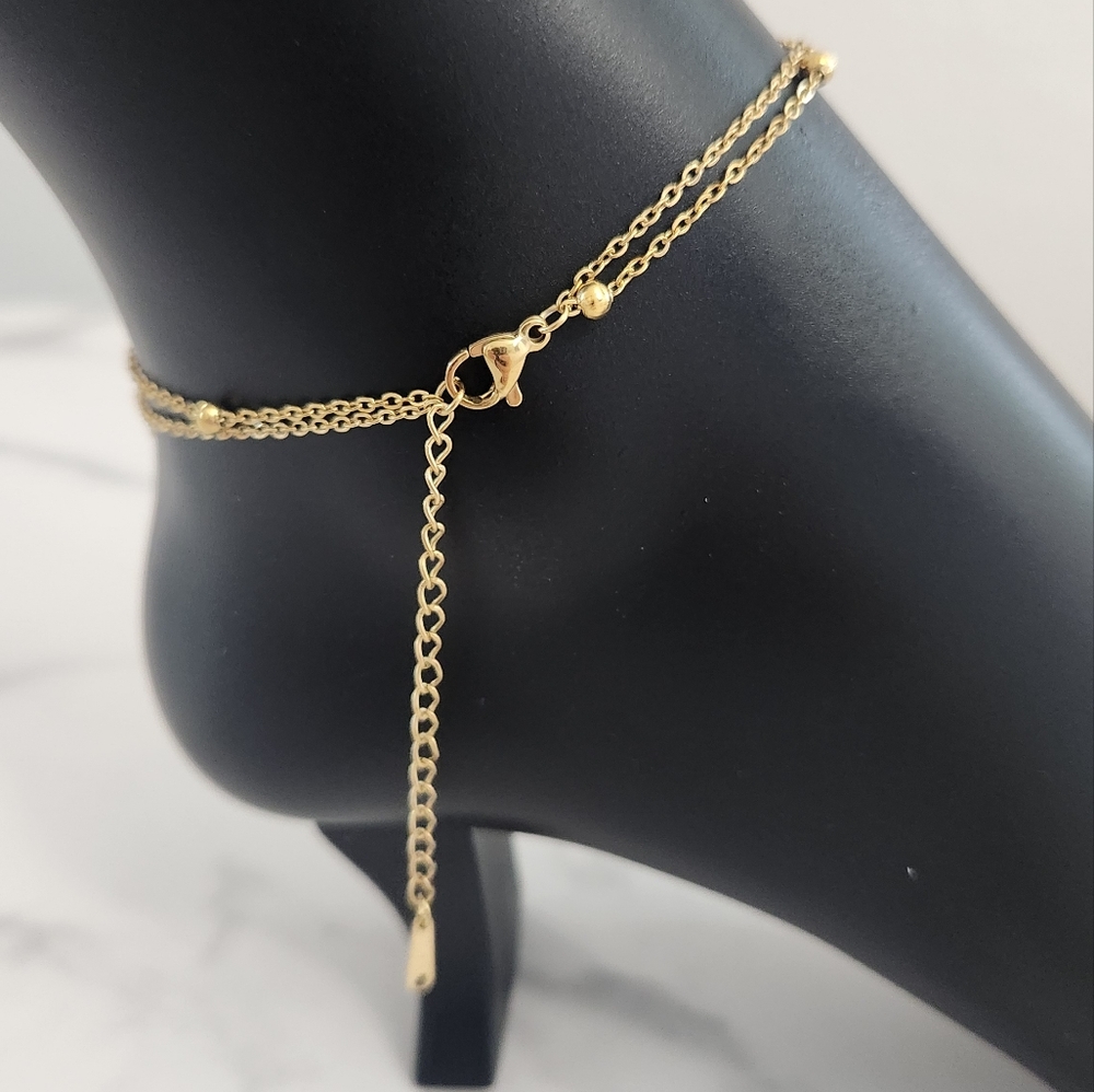 Gold Plated Double Layer Star Anklet Stainless Steel Dainty Bead Chain - Picture 7 of 12